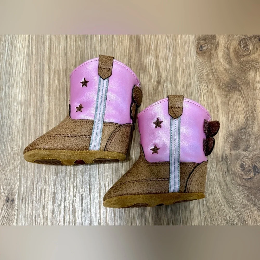 Old West Lia Pink Poppets Infant Cowboy Boots Star Round Toe Size 1